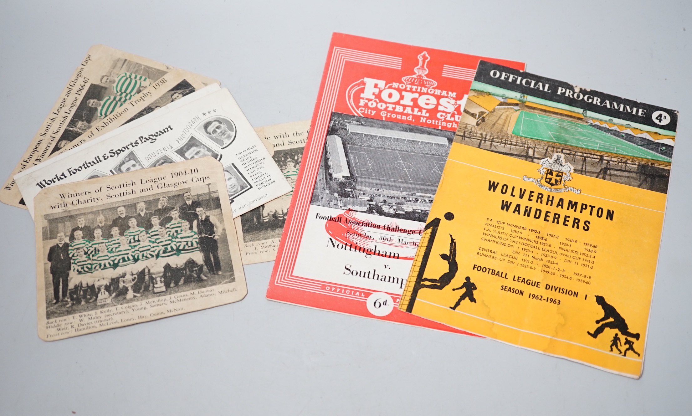 A collection of Celtic football programmes, including signed, Celtic football postcards including 1906, Celtic team signatures, other football ephemera and a boxing programme.